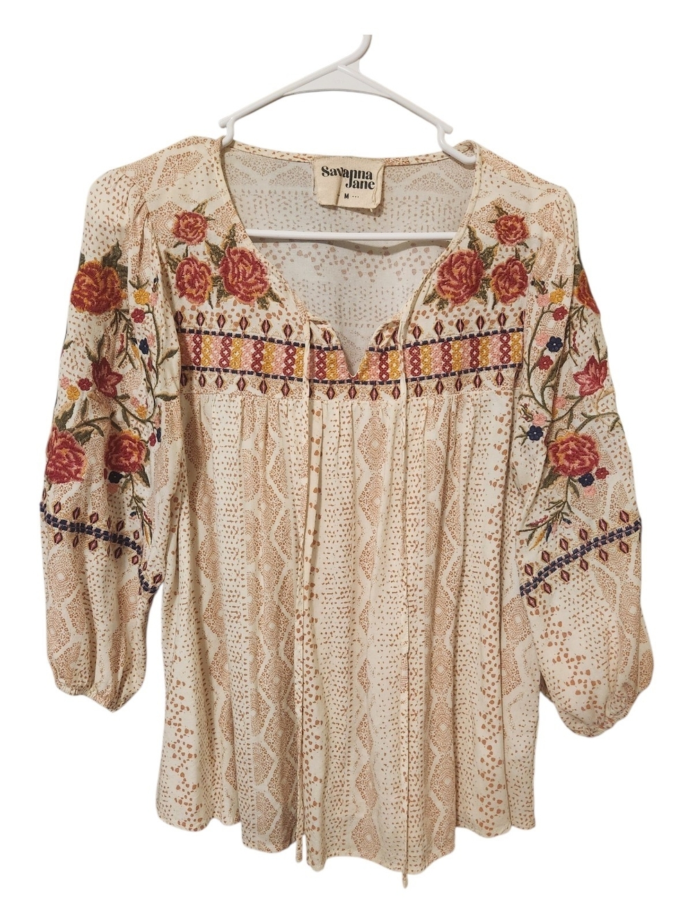 Savanna Jane Cream Boho Floral Embroidered Peasant Blouse
